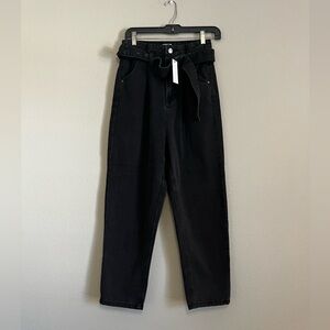 INSANE GENE washed‎ black high-rise belted paperbag slouch waist jeans size 24